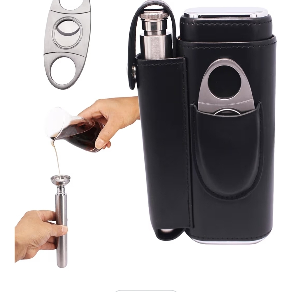 Black Leather Travel Flask Set